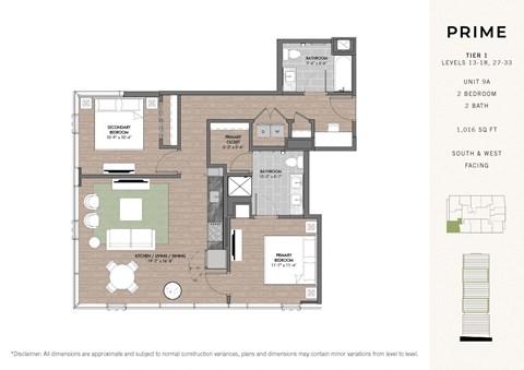 Floor plan for 2 beds, 1 bath, 1016 sqft