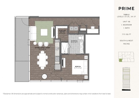 Floor plan for 1 bed, 1 bath, 773 sqft