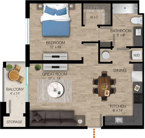 Floor plan for 1 bed, 1 bath, 821 sqft