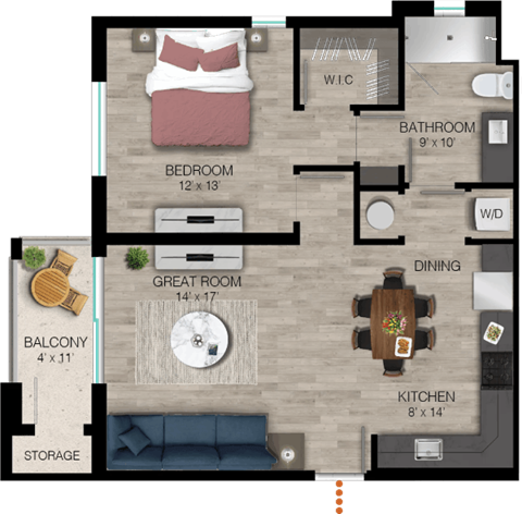 Floor plan for 1 bed, 1 bath, 832 sqft