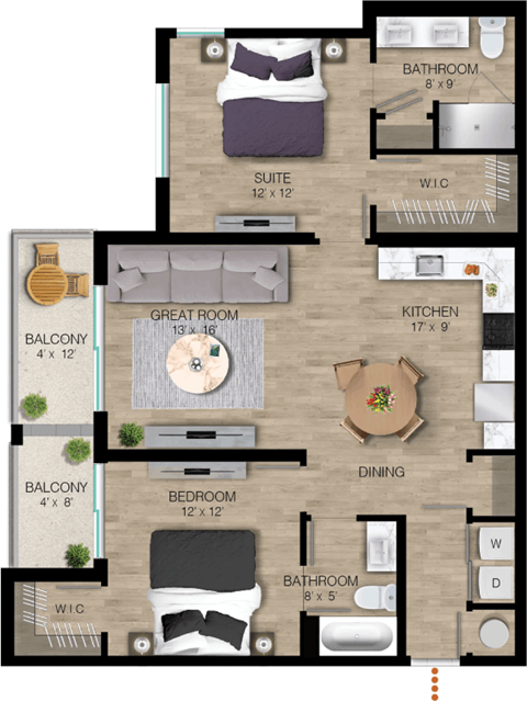 Floor plan for 2 beds, 2 baths, 1141 sqft