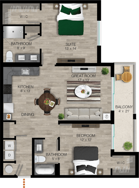 Floor plan for 2 beds, 2 baths, 1174 sqft