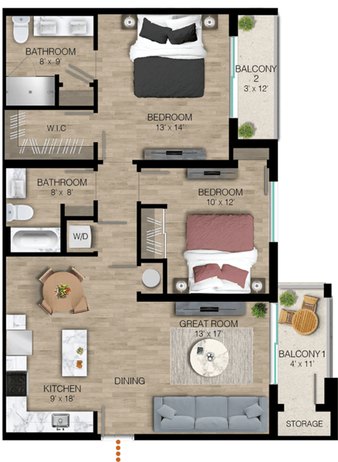 Floor plan for 2 beds, 2 baths, 1133 sqft