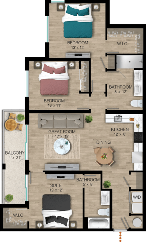 Floor plan for 3 beds, 2 baths, 1398 sqft