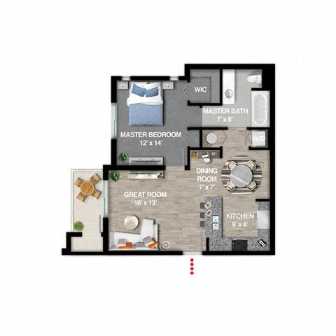 Floor plan for 1 bed, 1 bath, 895 sqft