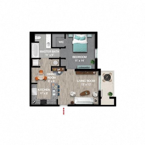 Floor plan for 1 bed, 1 bath, 871 sqft
