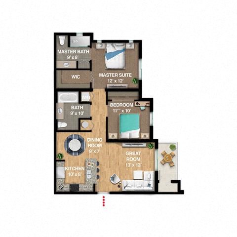 Floor plan for 2 beds, 2 baths, 1221 sqft