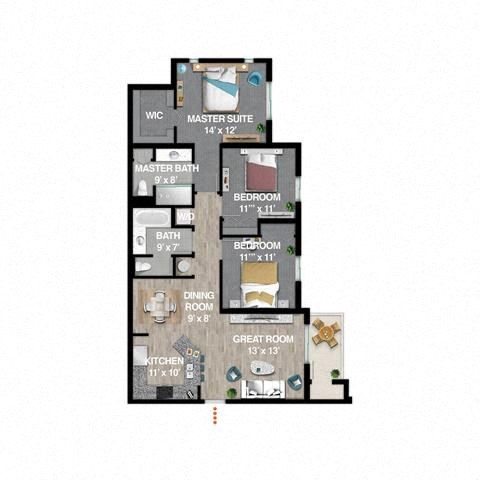Floor plan for 3 beds, 2 baths, 1384 sqft