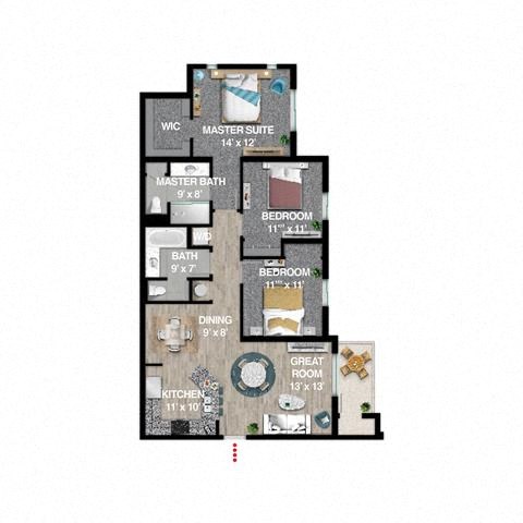 Floor plan for 3 beds, 2 baths, 1483 sqft