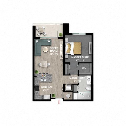 Floor plan for 1 bed, 1 bath, 770 sqft