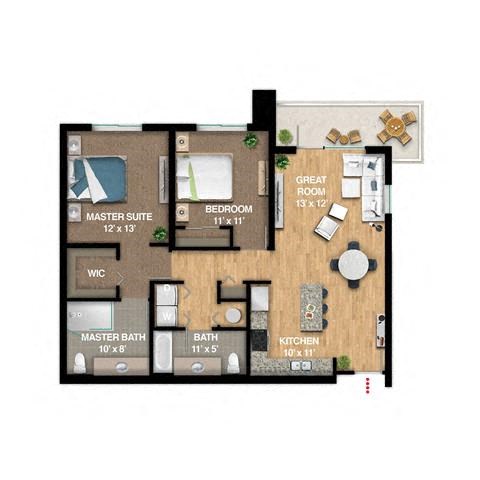 Floor plan for 2 beds, 2 baths, 1110 sqft