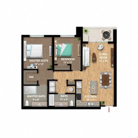 Floor plan for 2 beds, 2 baths, 1107 sqft