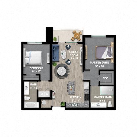 Floor plan for 2 beds, 2 baths, 1075 sqft