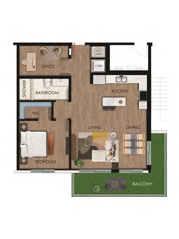 Floor plan for 1 bed, 1 bath, 1012 sqft