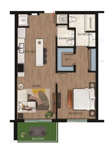Floor plan for 1 bed, 1 bath, 792 sqft