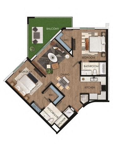 Floor plan for 2 beds, 2 baths, 1122 sqft