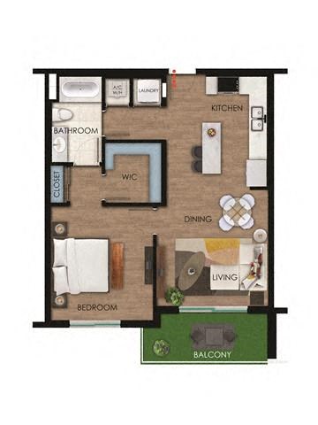 Floor plan for 1 bed, 1 bath, 775 sqft