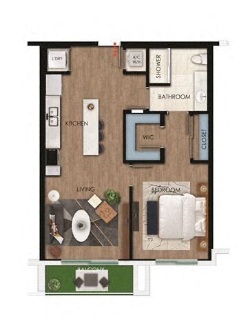 Floor plan for 1 bed, 1 bath, 771 sqft