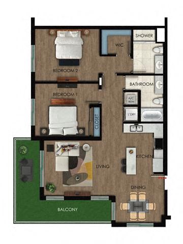 Floor plan for 2 beds, 2 baths, 1212 sqft