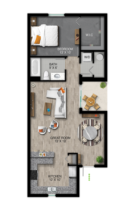 Floor plan for 1 bed, 1 bath, 935 sqft