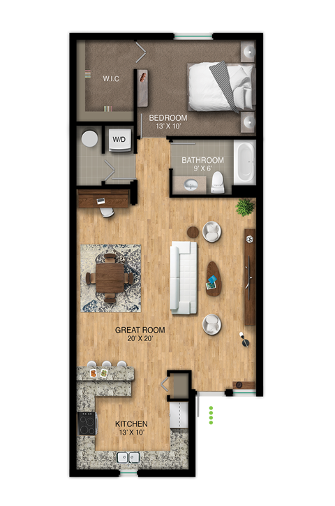 Floor plan for 1 bed, 1 bath, 926 sqft