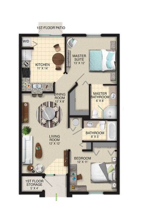 Floor plan for 2 beds, 2 baths, 1038 sqft