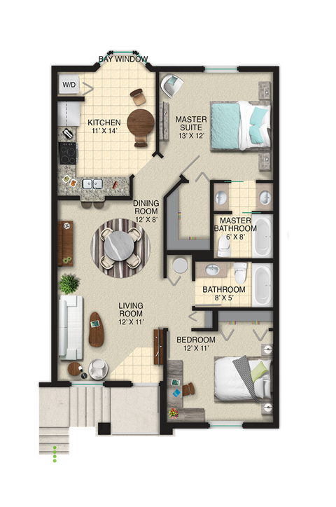 Floor plan for 2 beds, 2 baths, 1022 sqft