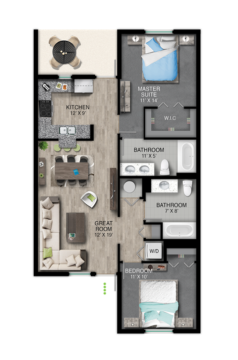 Floor plan for 2 beds, 2 baths, 1027 sqft