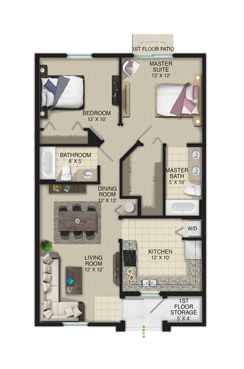 Floor plan for 2 beds, 2 baths, 1038 sqft