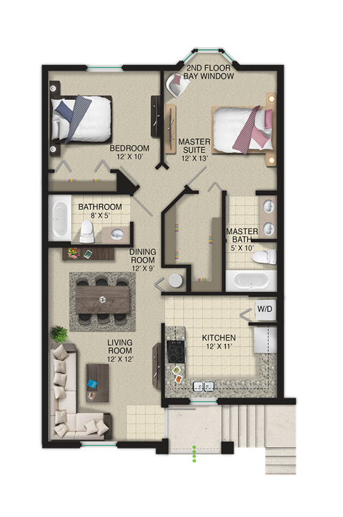 Floor plan for 2 beds, 2 baths, 1022 sqft