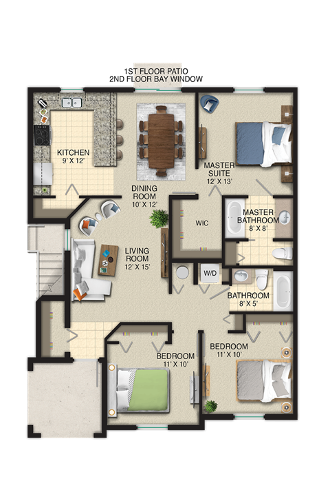 Floor plan for 3 beds, 2 baths, 1378 sqft