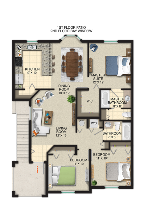 Floor plan for 3 beds, 2 baths, 1364 sqft