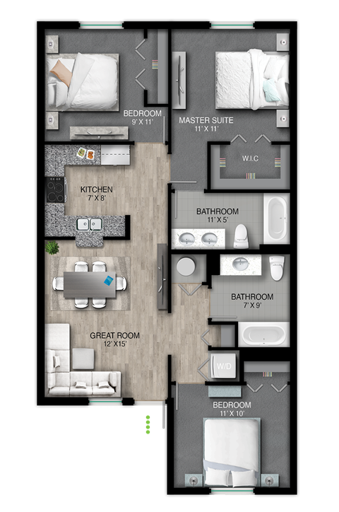 Floor plan for 3 beds, 2 baths, 1027 sqft