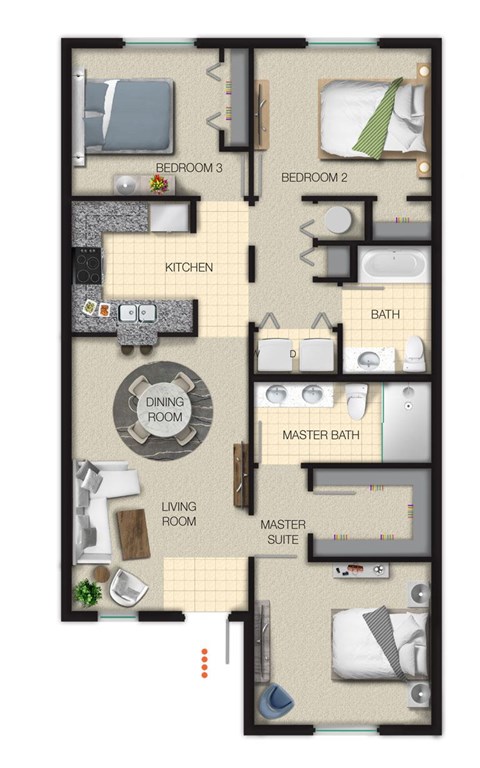 Floor plan for 3 beds, 2 baths, 1090 sqft