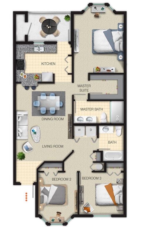 Floor plan for 3 beds, 2 baths, 1302 sqft