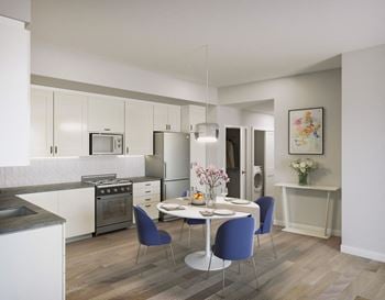 A kitchen and dining area 