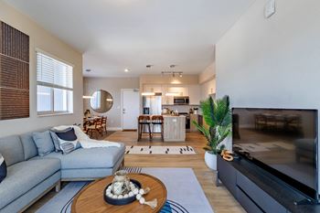 A modern living room with a grey sofa, a wooden coffee table, and a large flat screen tv.