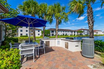 Patio with bbq and blue umbrella