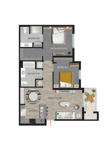 Floor plan for 2 beds, 2 baths, 1000 sqft