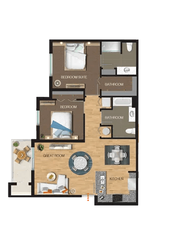 Floor plan for 2 beds, 2 baths, 1073 sqft