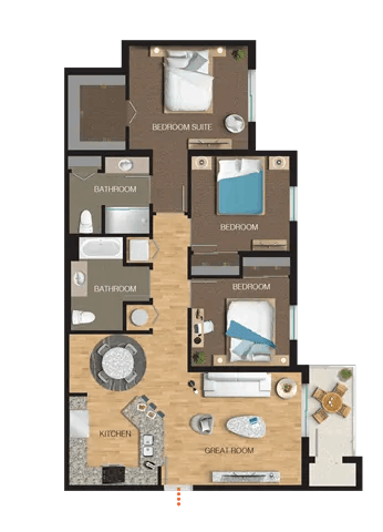Floor plan for 3 beds, 2 baths, 1256 sqft