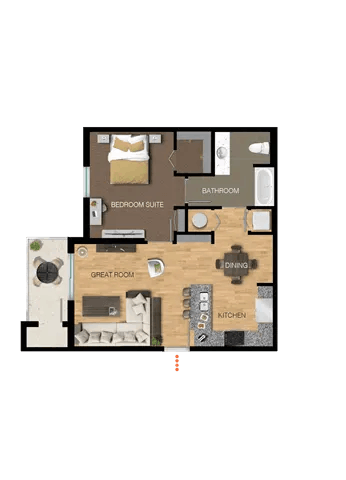 Floor plan for 1 bed, 1 bath, 733 sqft