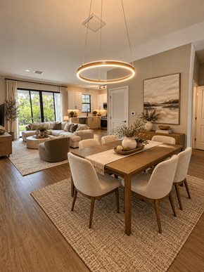 Fort Myers townhouse for rent - A modern dining room with a wooden table and chairs.