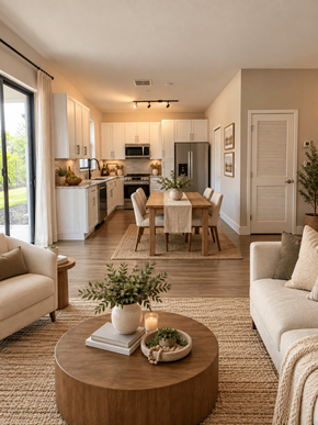Fort Myers townhouse for rent - A modern living room with a dining area and kitchen in the background.