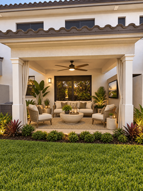 Fort Myers townhouse for rent - A patio with a table and chairs is surrounded by plants.