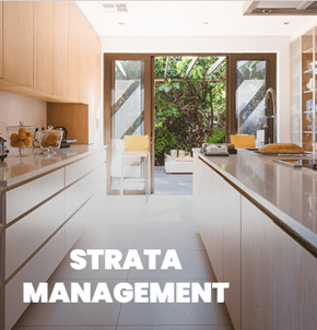 Richmond apartment for rent - A modern kitchen with the words "STRATA MANAGEMENT" displayed on the wall.