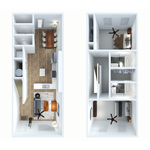 Floor plan for 2 beds, 2.5 baths, 1090 sqft