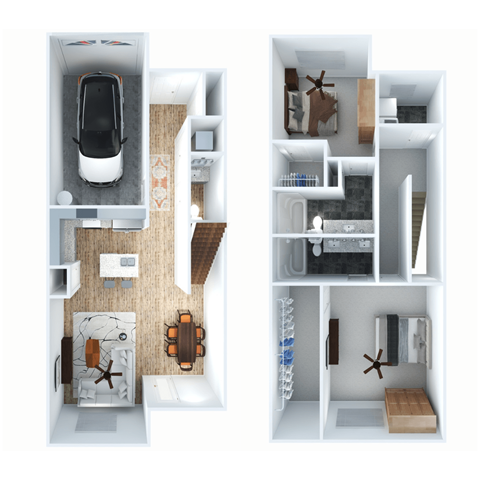 Floor plan for 2 beds, 2.5 baths, 1400 sqft