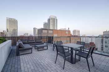 Rooftop lounge with outdoor fireplace