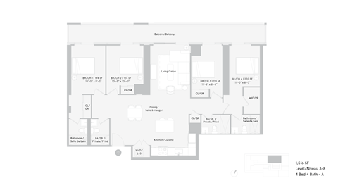 Floor plan for 4 beds, 4 baths, 423 sqft